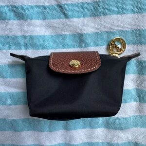 Longchamp Black Nylon coin Pouch with Brown Leather Flap